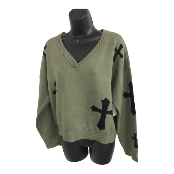 Olive army green v-neck black cross printed long sleeve sweater size XL new - Picture 1 of 11